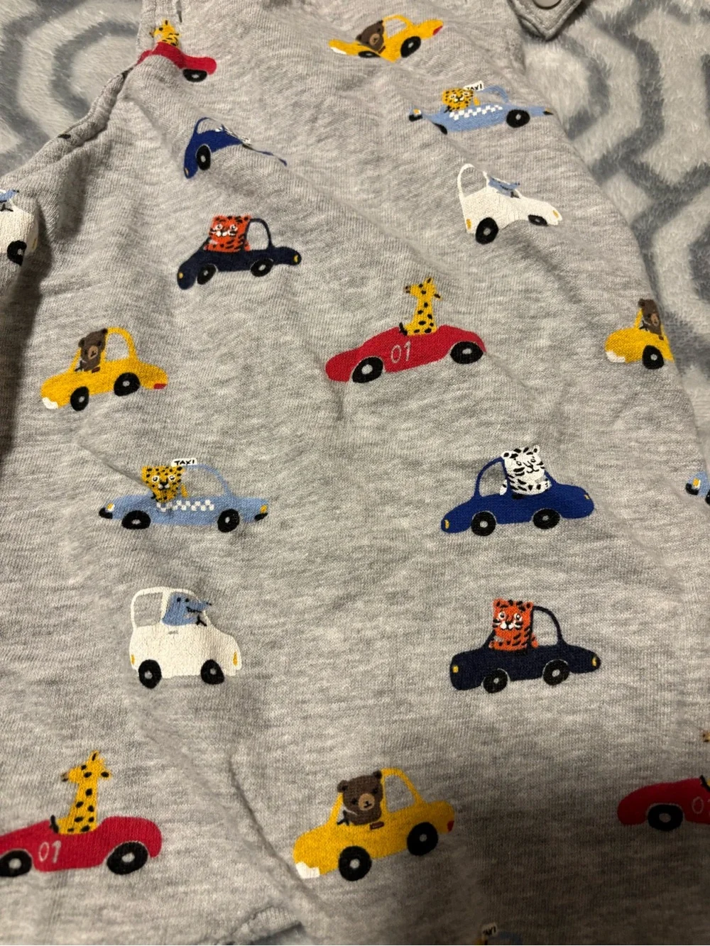Grey Baby One-Piece Footed Romper/overalls with Colorful Car Print
